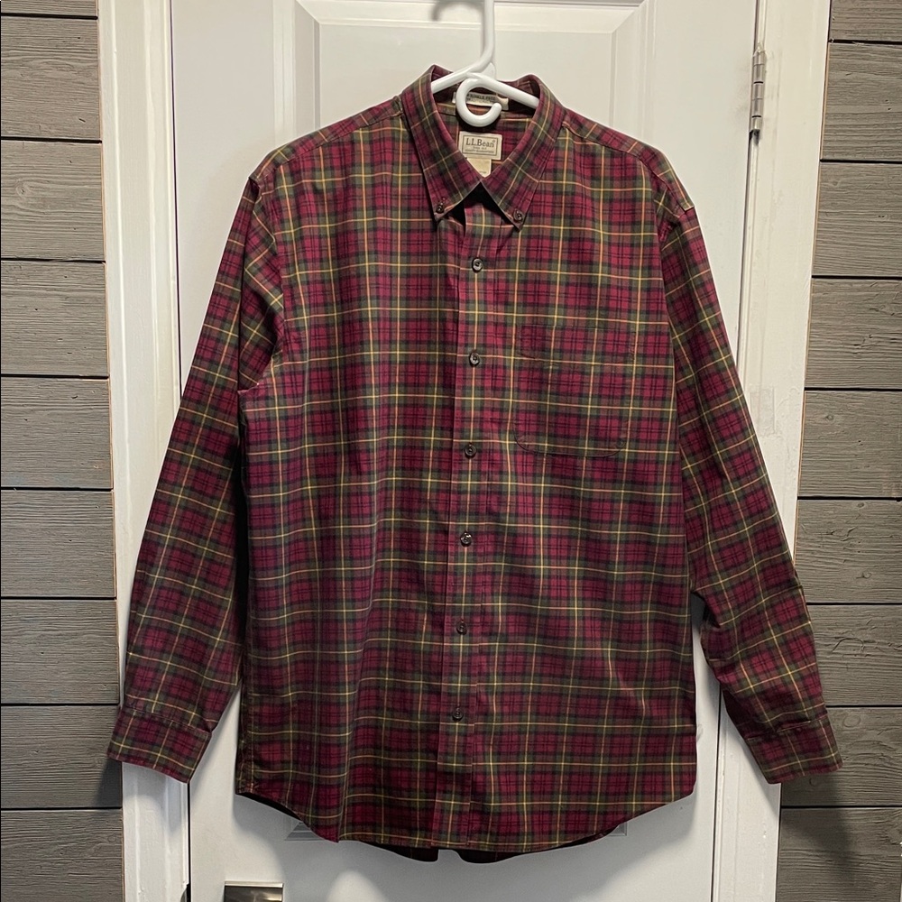 L.L. Bean Red/Green Plaid Cotton Button Down Collar Long-Sleeve Shirt L-REG VGUC